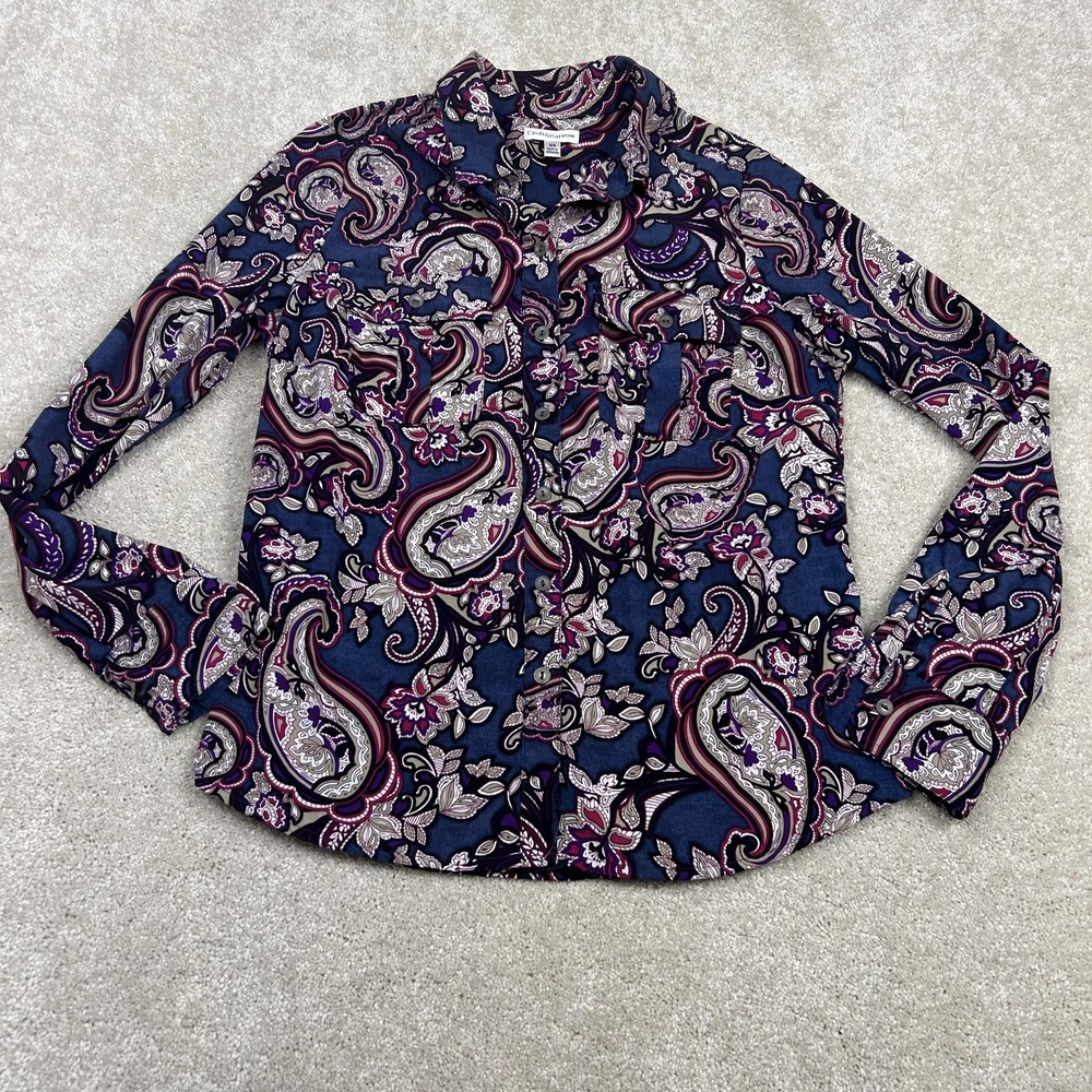 Croft & Barrow Shirt Womens XS Blue Paisley Button Front Long Sleeve Blouse Top